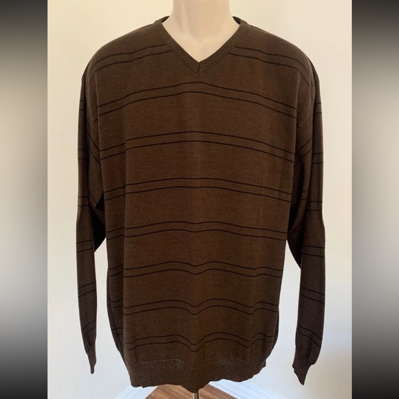 PARIENTI L’UOMO Mens V-Neck Brown Striped Knit Sweater Top Blouse Italy Sz XL